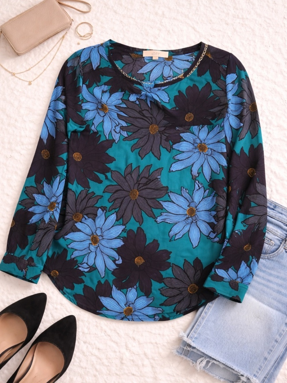 LOFT Teal Blue Floral Blouse Size Large Flowy Long Sleeve Top
